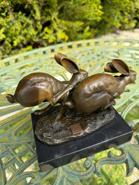 Sculpture Lièvres Porte-Bonheur 15cm Bronze