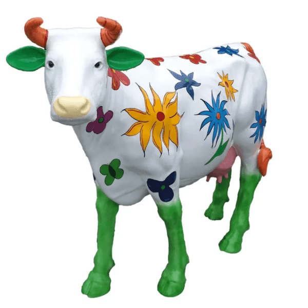 Statue Vache Animaux Resine - 140cm - Blanc Fleuri - ANIMAUX-RESINE.FR